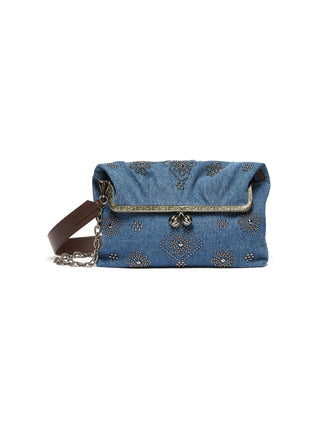 Busta pasticcino bag large in denim ricamato