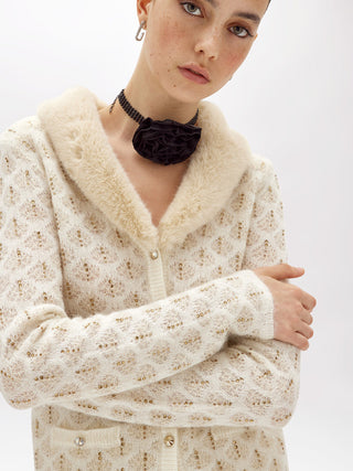 Cardigan con strass e colletto faux fur