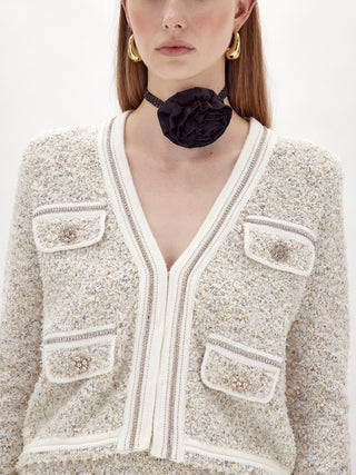 Cardigan in filato bouclé con strass