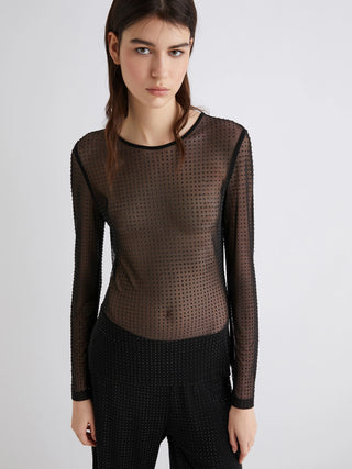 T-shirt in tulle con cristalli