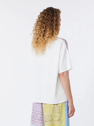 T-shirt in seta stampata e jersey di cotone stretch
