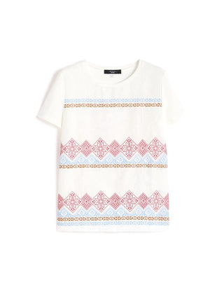 t-shirt in lino ricamato e jersey di cotone stretch