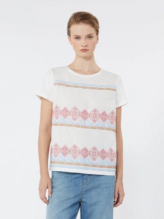 t-shirt in lino ricamato e jersey di cotone stretch