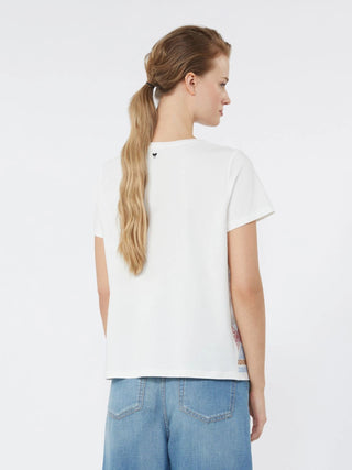 t-shirt in lino ricamato e jersey di cotone stretch