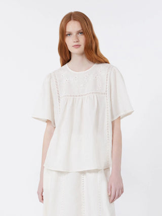 Top in tela di lino e jersey stretch