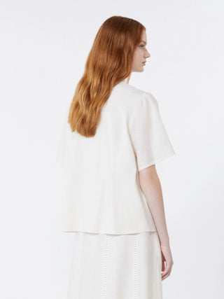 Top in tela di lino e jersey stretch