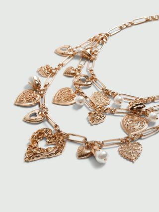 Collana multi giro con cuore e perle