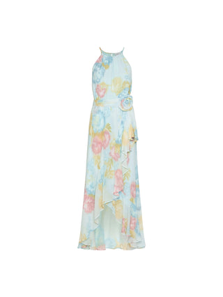 Abito con volant e rosa in tessuto