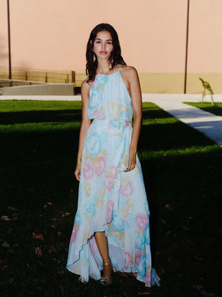 Abito con volant e rosa in tessuto