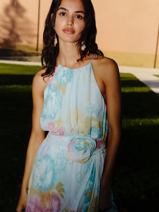 Abito con volant e rosa in tessuto